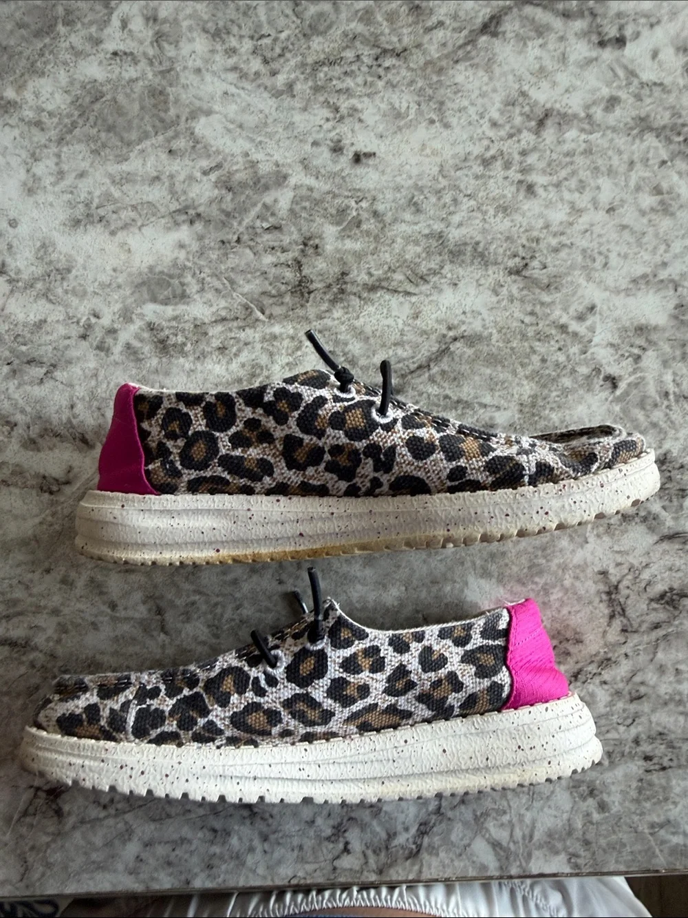 Hey Dude Kids Leopard Print Slip-Ons with Pink Heel Accent